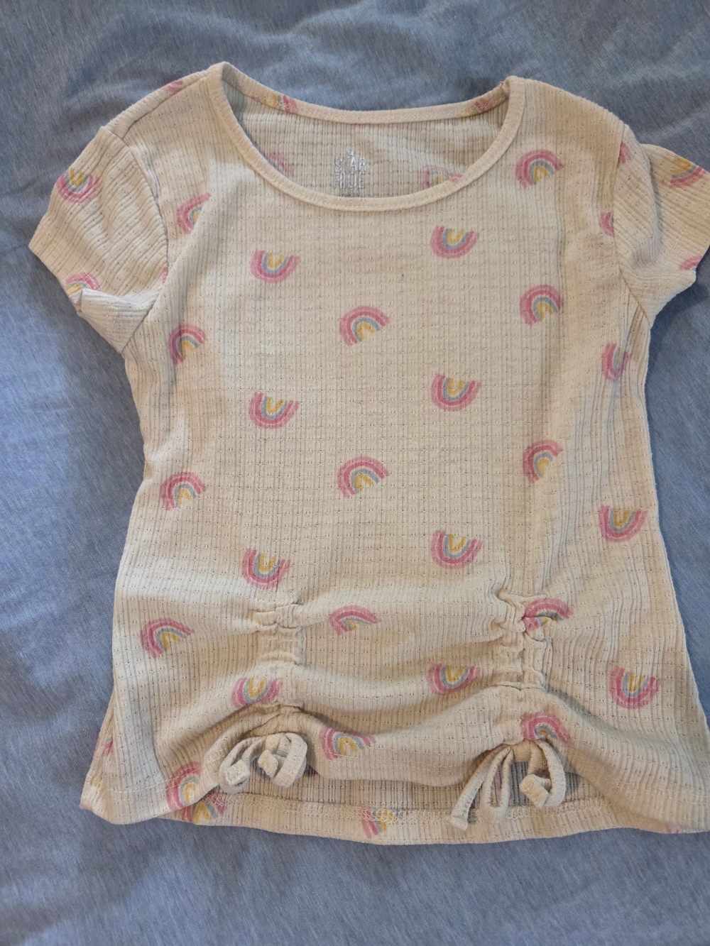 Girls Beige Rainbow Short Sleeve Tee with Ruched Ties